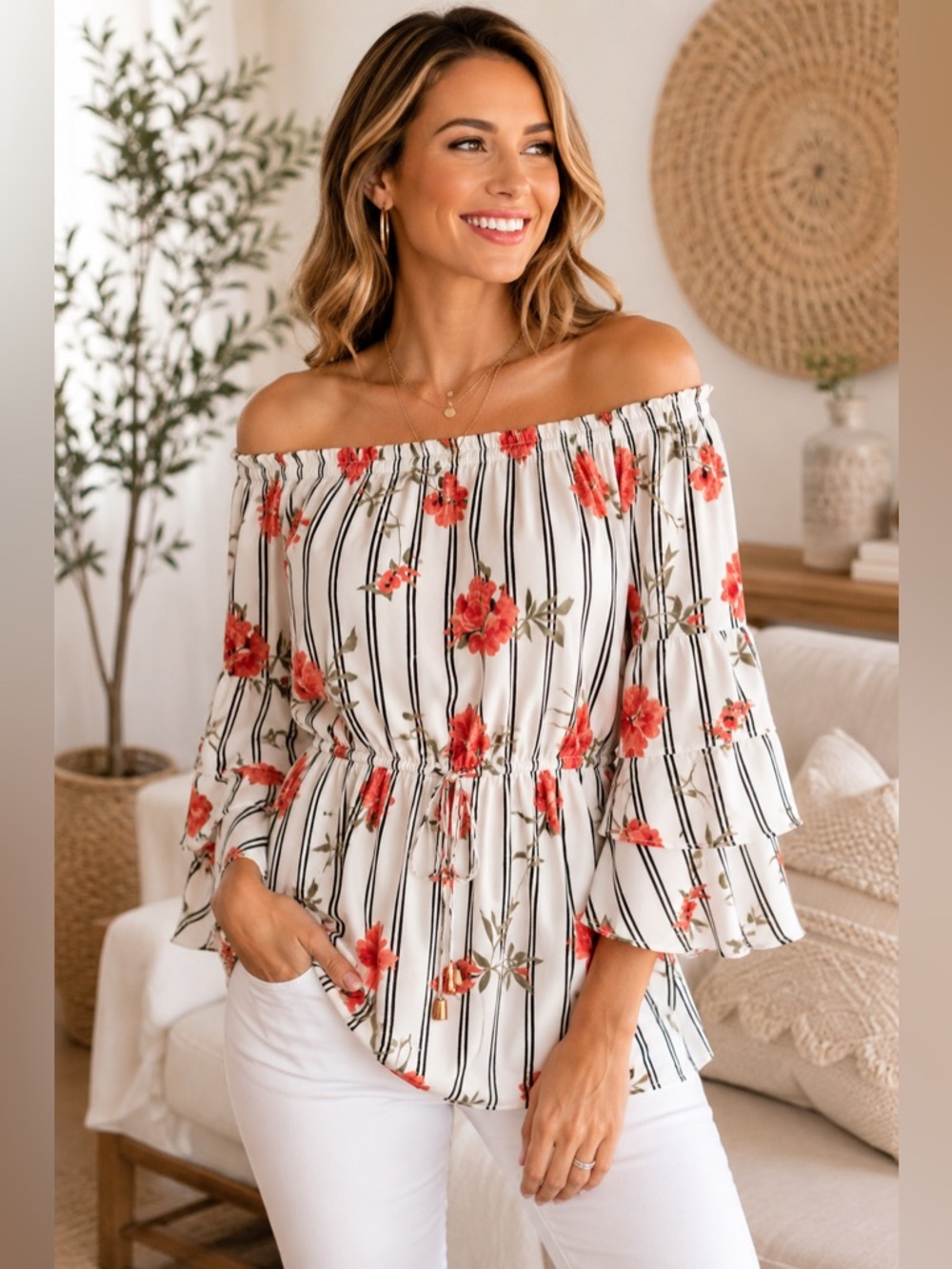Blush Off‎ Shoulder Floral Stripe Top | Size Small